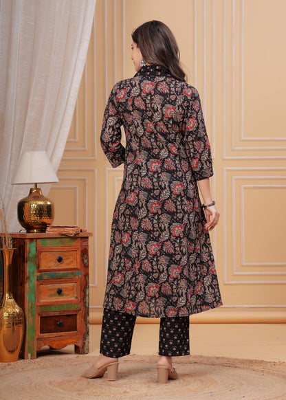 Women's Cotton Anarkali Printed Kurta with Palazzo & Dupatta Blue