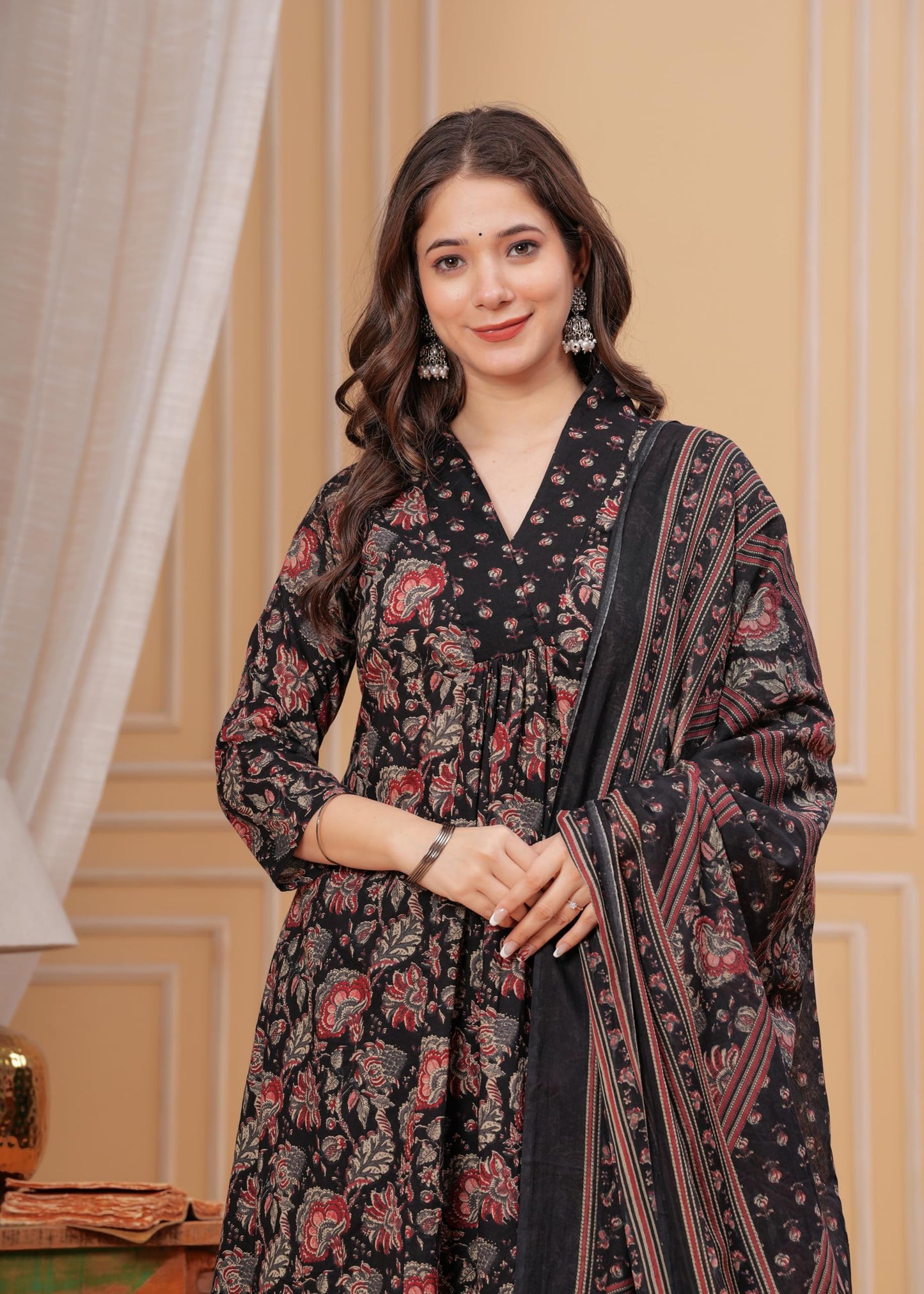 Women's Cotton Anarkali Printed Kurta with Palazzo & Dupatta Blue