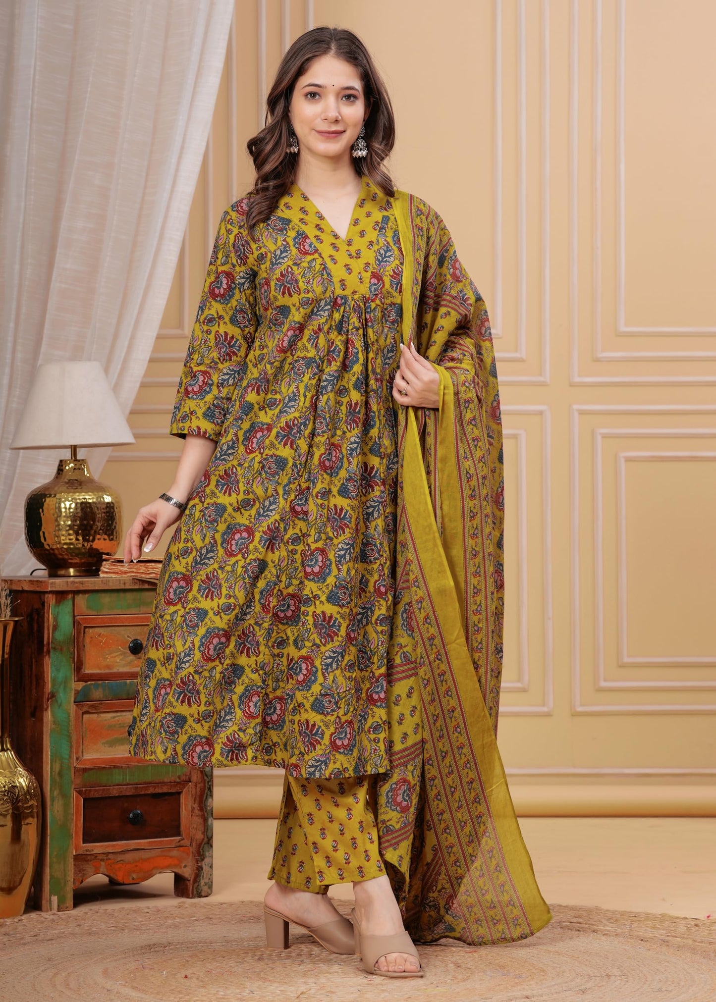 Women's Cotton Anarkali Printed Kurta with Palazzo & Dupatta Blue