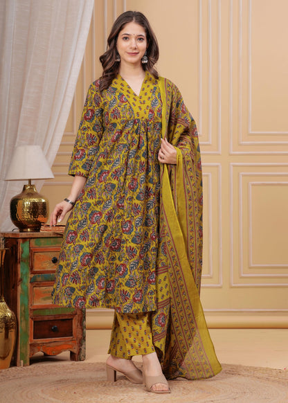 Women's Cotton Anarkali Printed Kurta with Palazzo & Dupatta Blue
