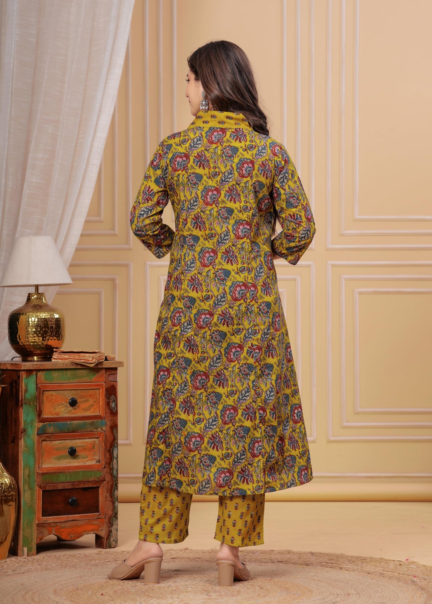 Women's Cotton Anarkali Printed Kurta with Palazzo & Dupatta Blue