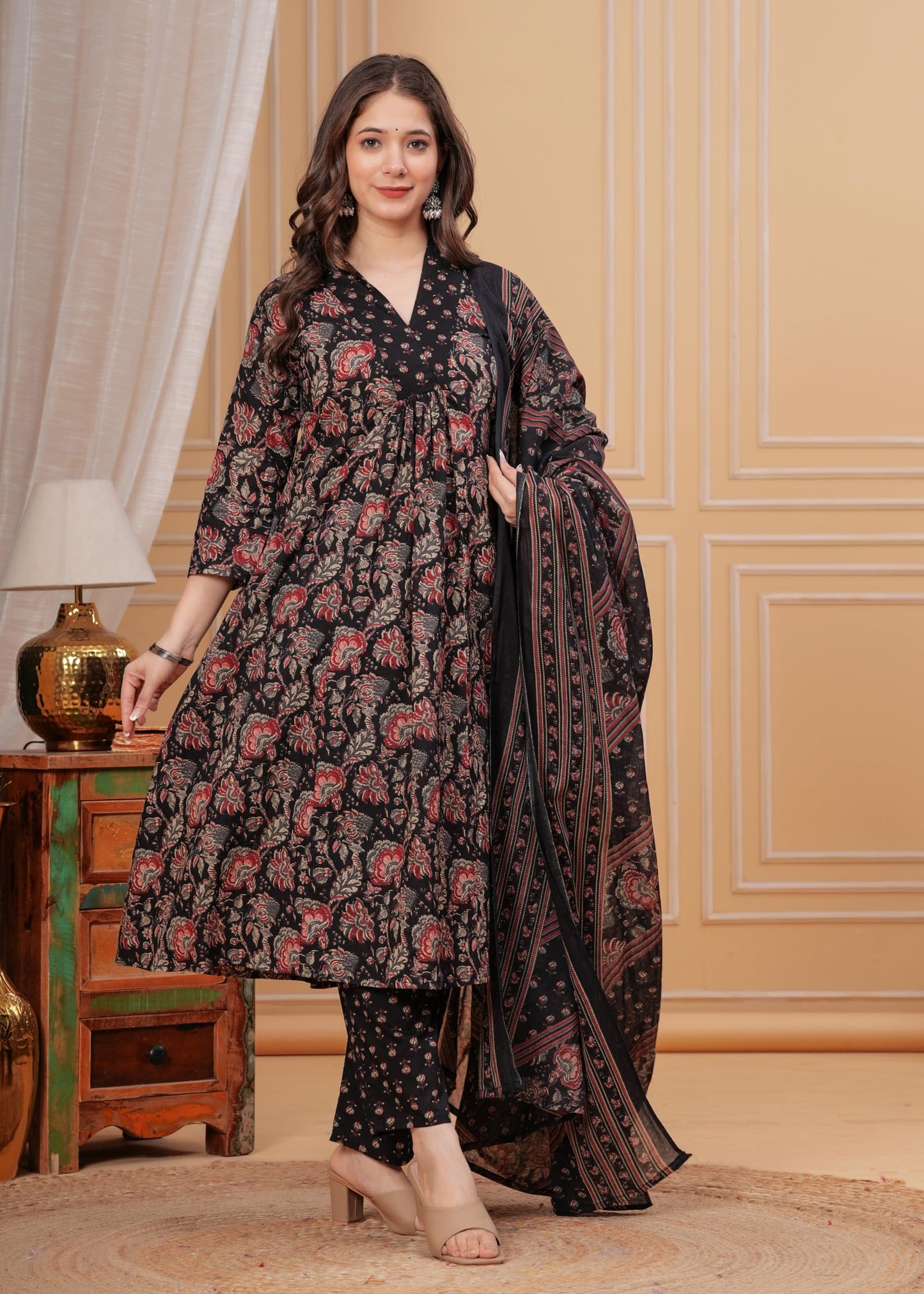 Women's Cotton Anarkali Printed Kurta with Palazzo & Dupatta Blue