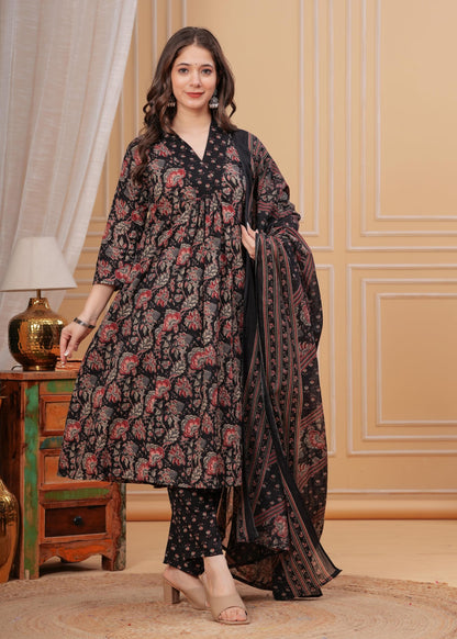 Women's Cotton Anarkali Printed Kurta with Palazzo & Dupatta Blue